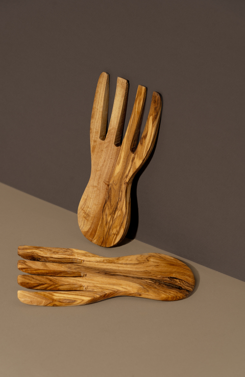 Gharyan Stoneware Olive Wood Salad Servers Flat Forks Set In Natural