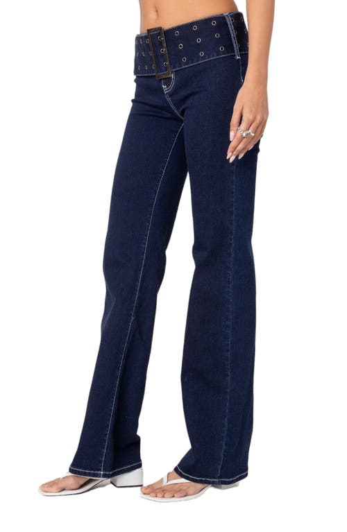 Shop Edikted Belted Flare Jeans In Indigo-blue-raw-wash