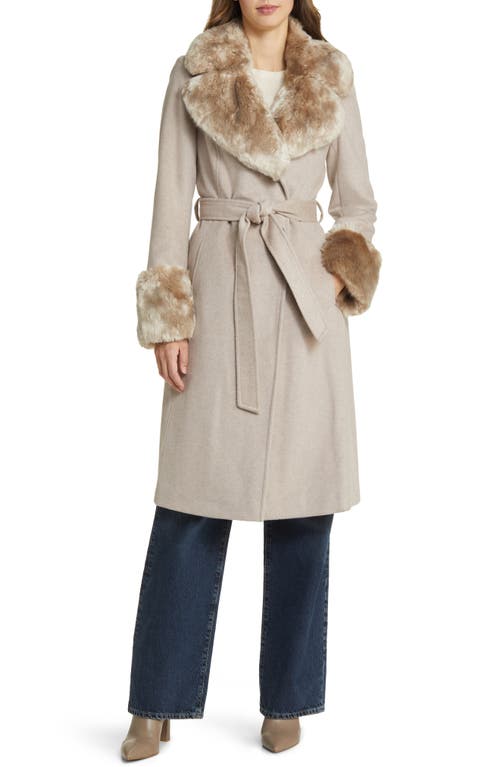 Wool Blend Belted Coat with Faux Fur Trim in Bone