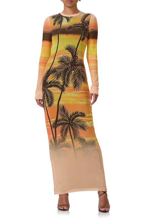 Shop Afrm Didi Long Sleeve Mesh Maxi Dress In Sunrise Palms