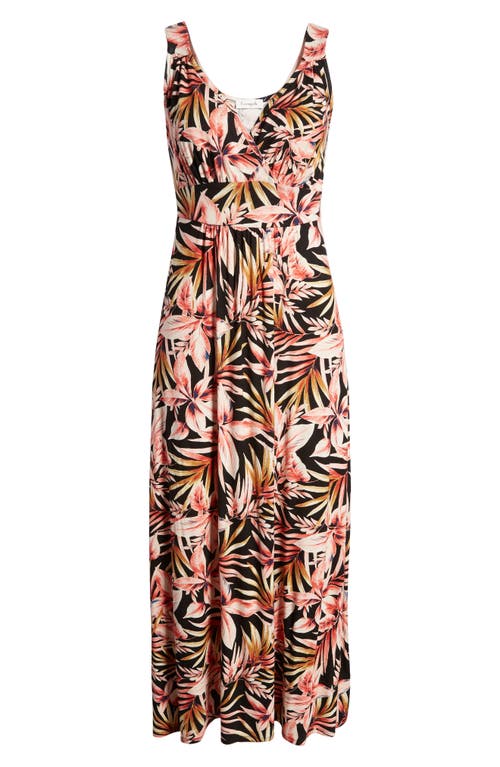 Loveappella Palm Print Surplice V-neck Knit Maxi Dress In Black/marsala