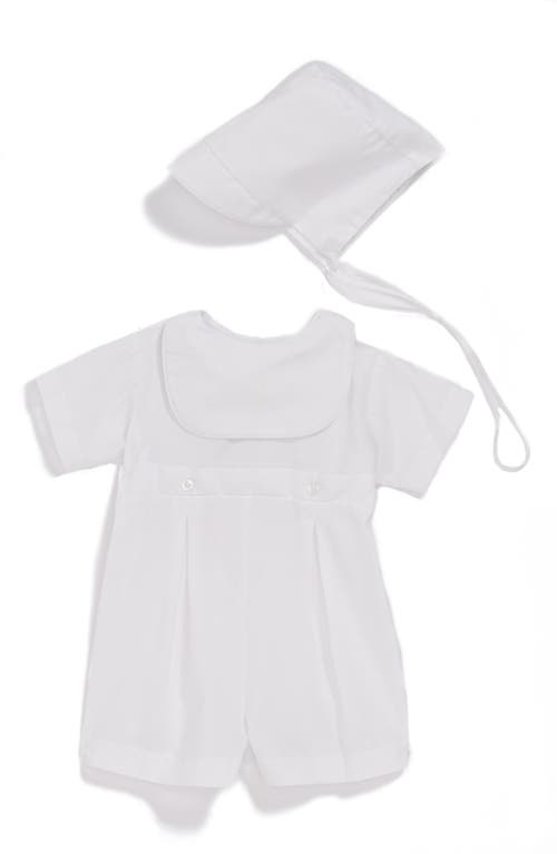 Little Things Mean a Lot Bib Front Christening Romper and Bonnet Set White at Nordstrom,