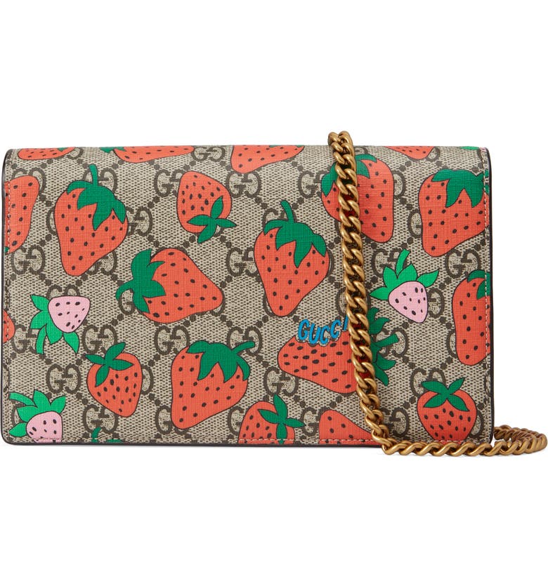 Gucci Strawberry Print GG Supreme Wallet on a Chain | Nordstrom