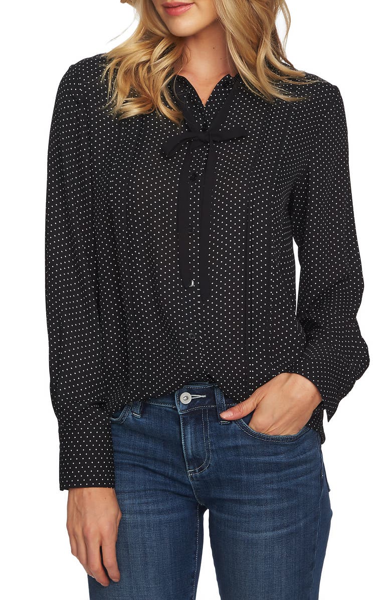 CeCe Refined Pin Dot Tie Neck Button-Up Blouse | Nordstrom