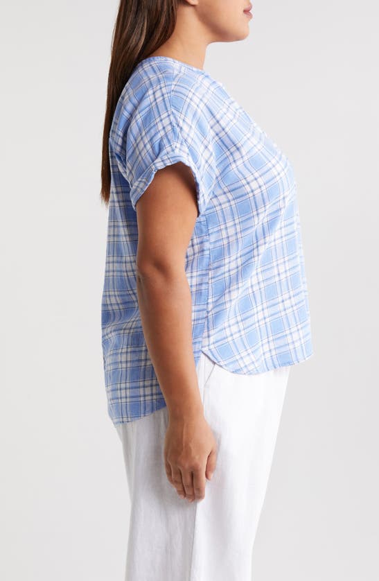 Shop Caslon (r) Short Sleeve Linen Blend Popover Top In Blue C- White Sutton Plaid