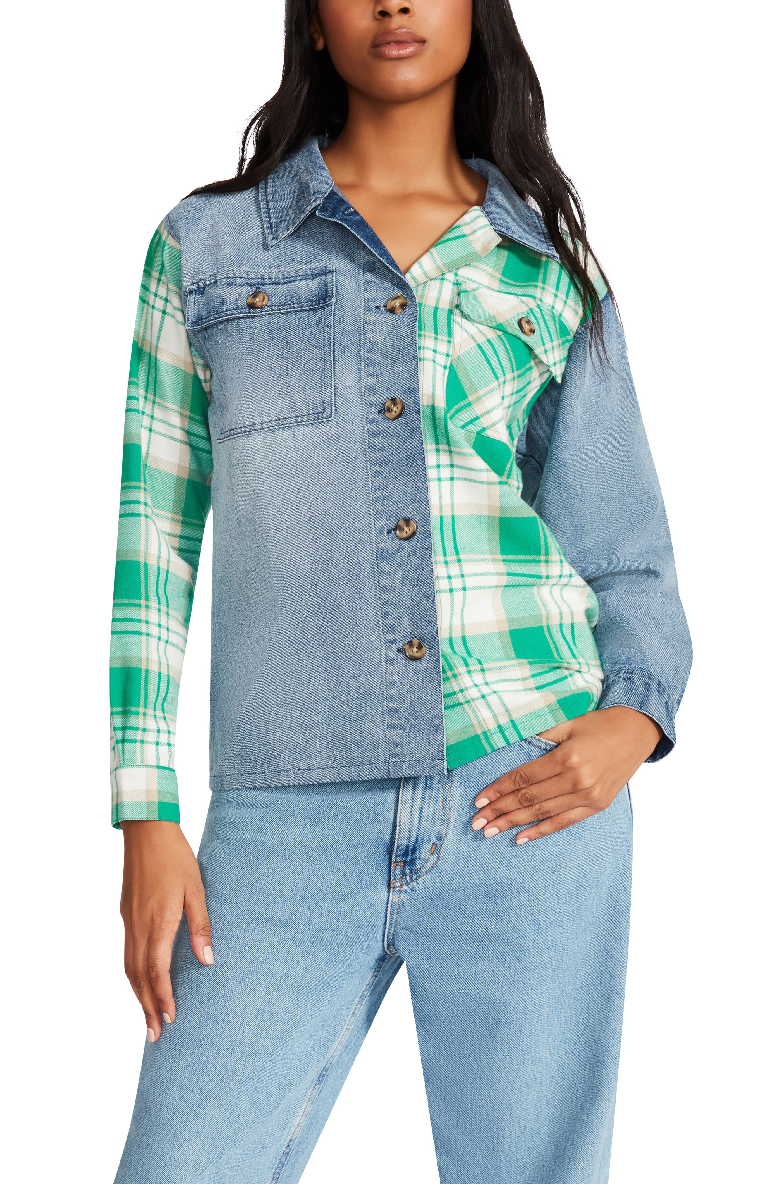 Steve Madden Denim Flannel Mix Shirt Jacket in Denim/Green Plaid at Nordstrom Rack, Size X-Large