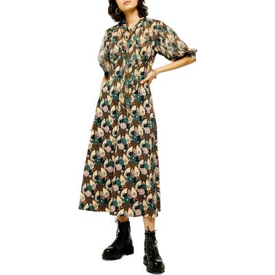 Topshop Art Deco Lily Print Midi Dress, US (fits like 0) - Black