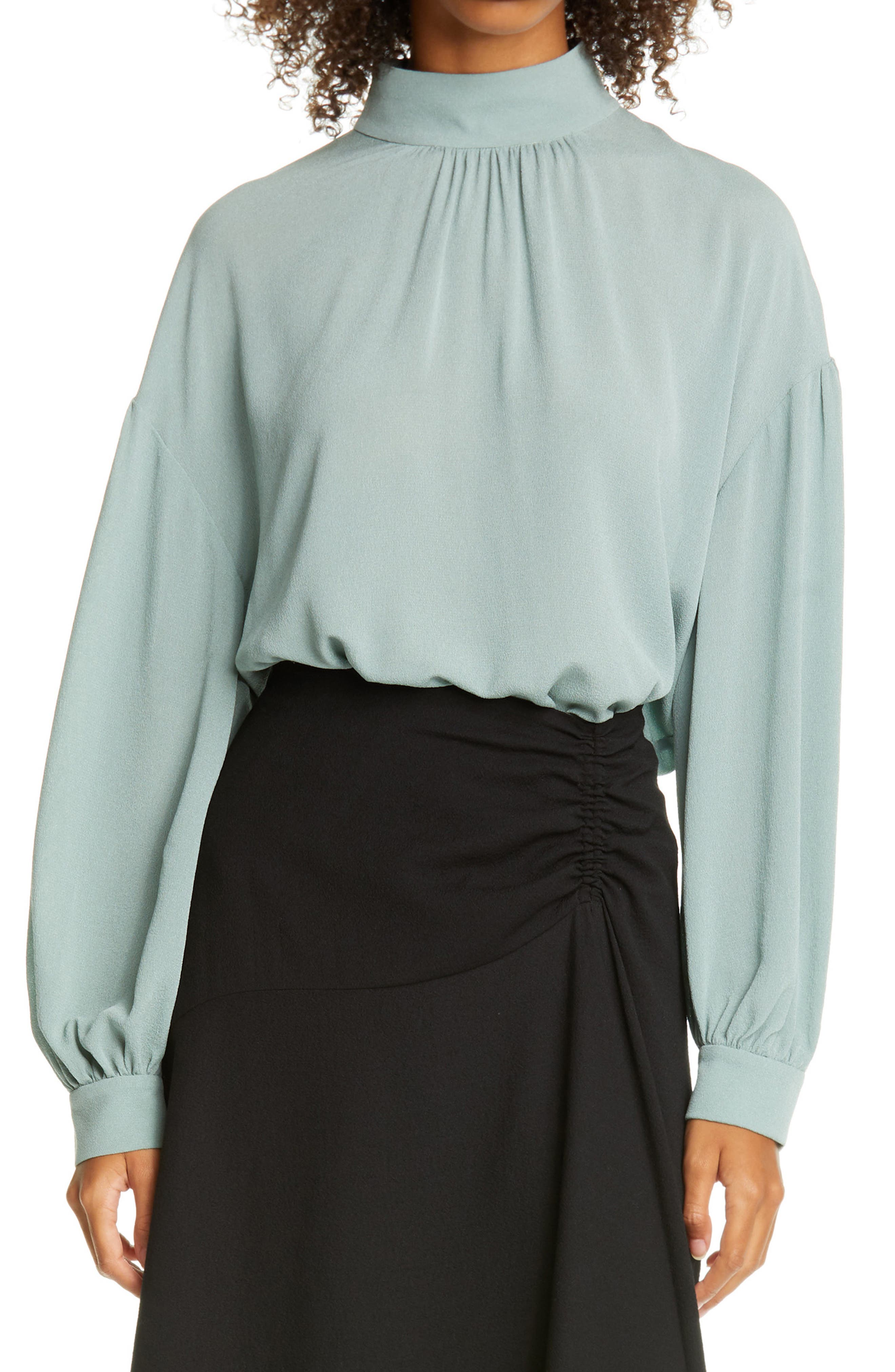 Vince Shirred Mock Neck Silk Top