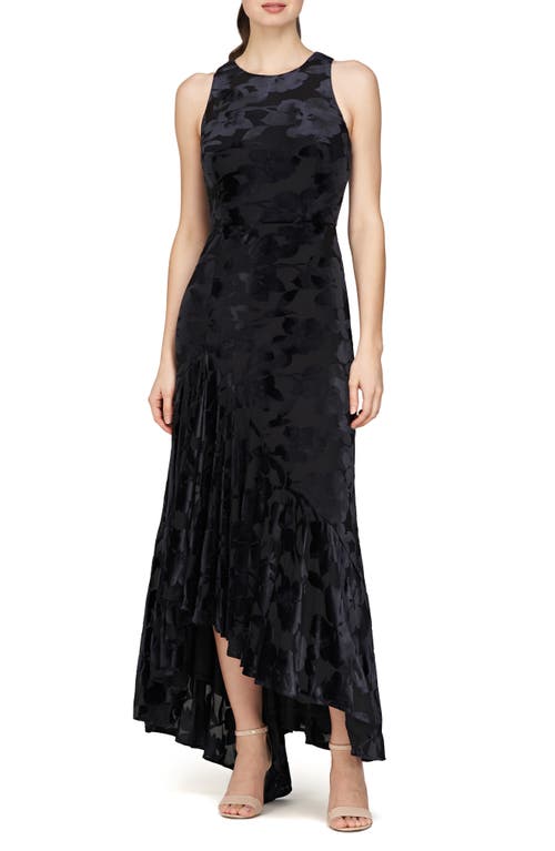 JS Collections Natalia Floral Asymmetric Ruffle Gown in Black 