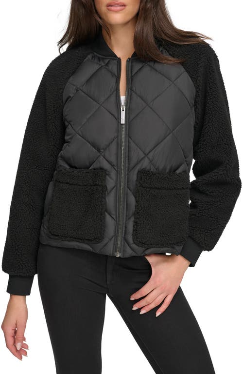 Mix Media Quilted Bomber Jacket in Black