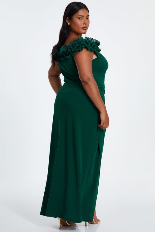 Shop Quiz Plus Size Scuba Crepe Ruffle Bardot Maxi Dress In Bottle Green