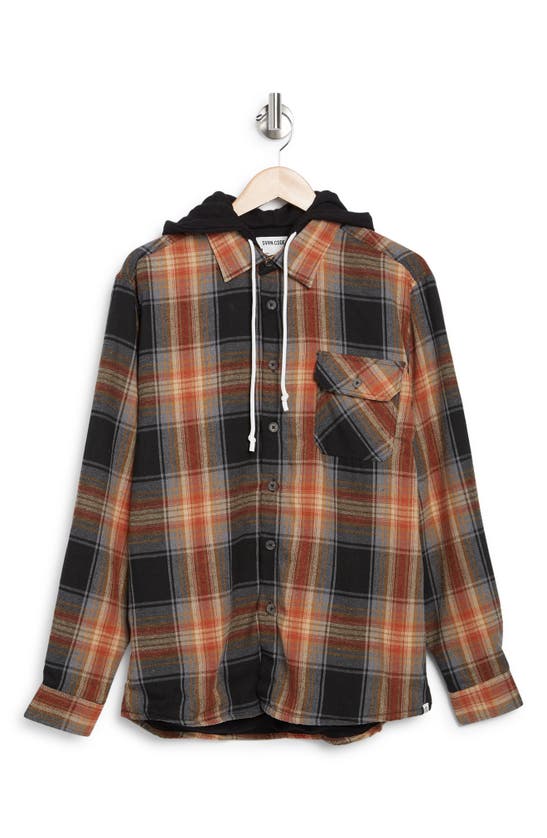 Sovereign Code Northern Plaid Hooded Shirt Jacket In Copper/ Black