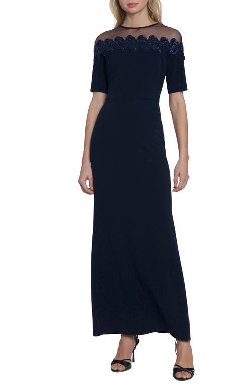 Maggy London Mesh Yoke Beaded Gown Twilight Navy at Nordstrom,