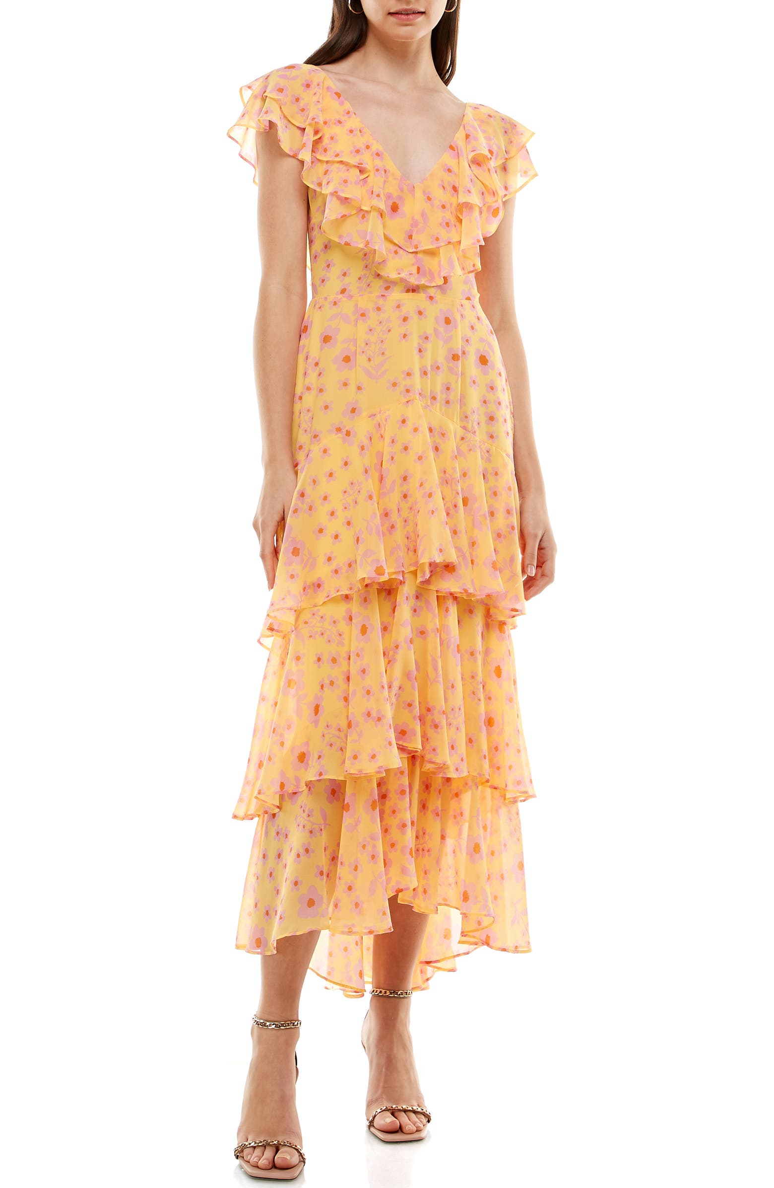Yellow floral ruffle maxi dress