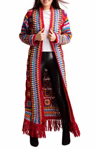 Saachi Granny Square Crocheted Long Hooded Kimono Sweater in White Mul –  LavishlyHip