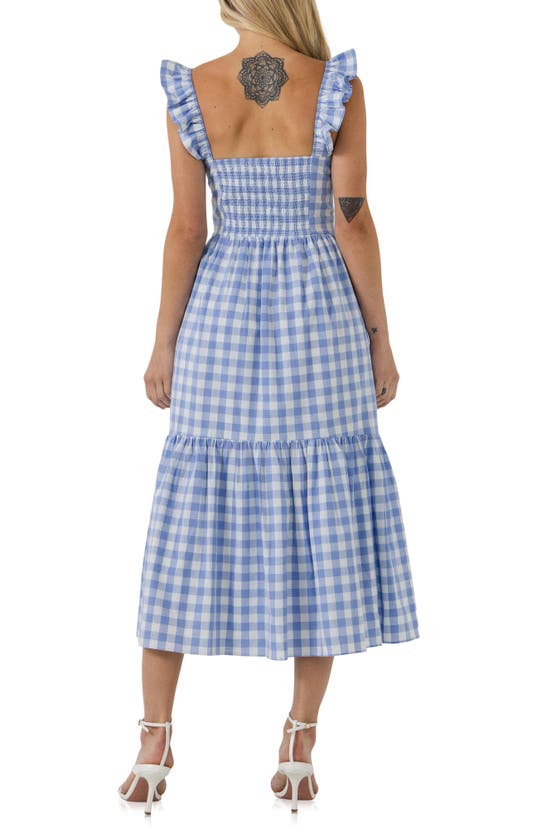 Shop English Factory Gingham Tiered Sleeveless Cotton Midi Dress In Blue/ White
