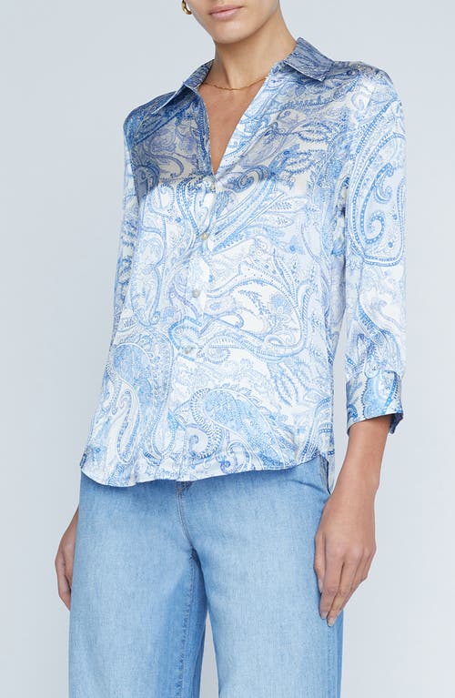 Dani Paisley Print Silk Button-Up Shirt in Ivory/Blue Decorated Paisley
