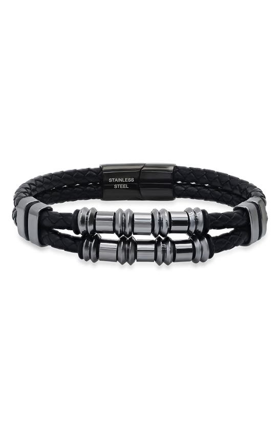 Hmy Jewelry Mens' Double-strand Bead & Braided Leather Bracelet In Gunmetal/ Black