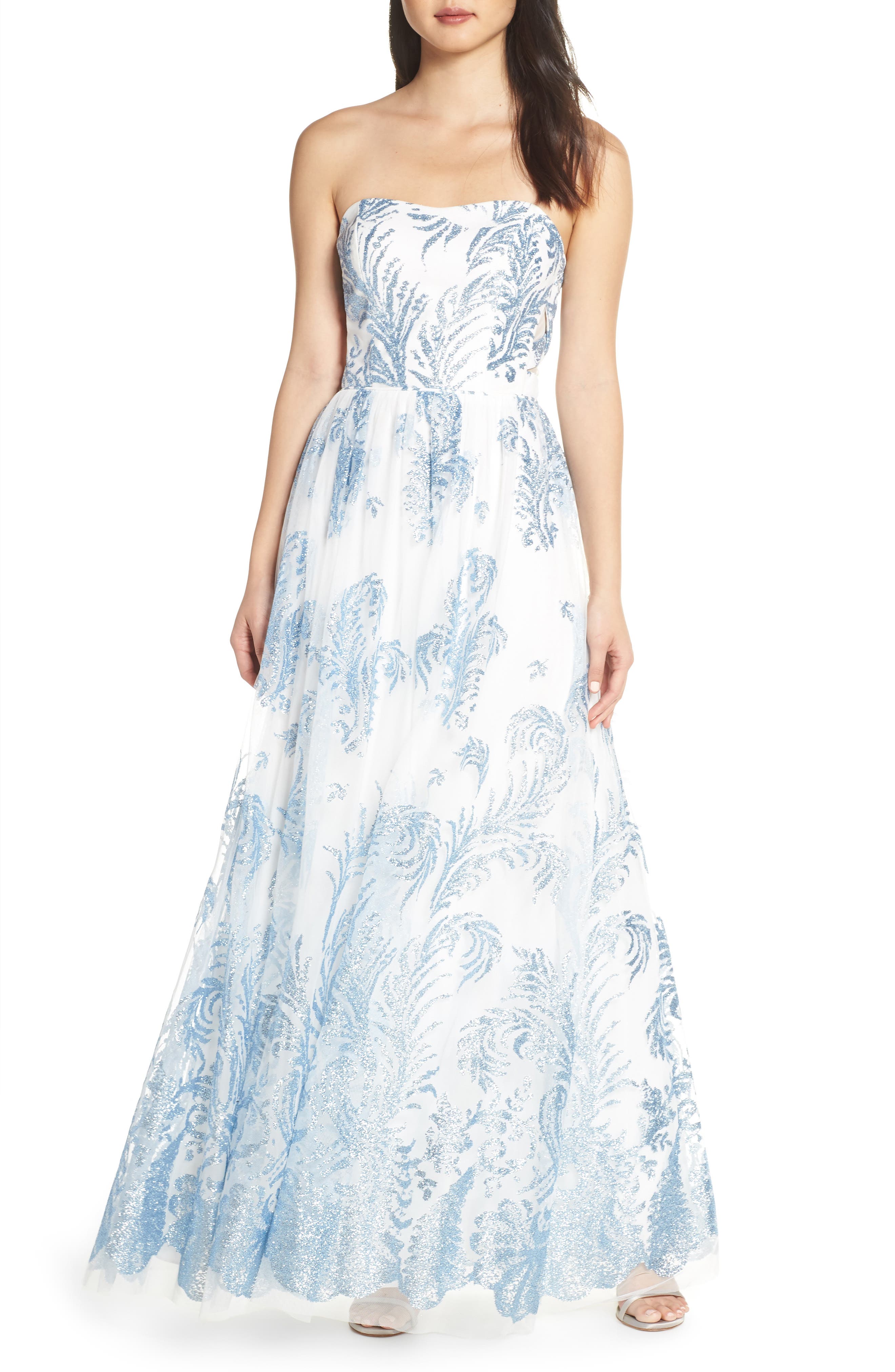 Blondie Nites Strapless Glitter Mesh Evening Dress, Blue