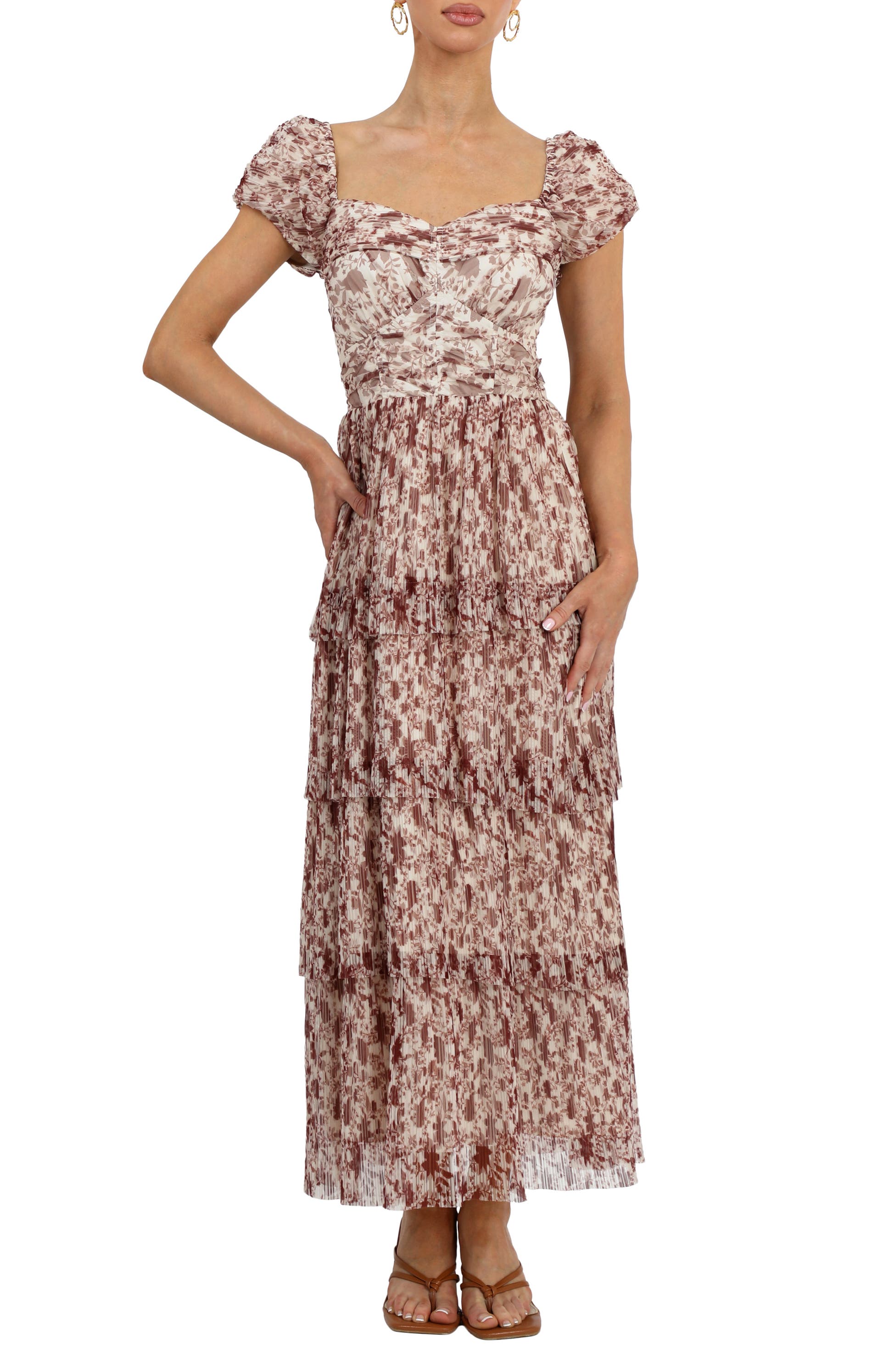 Adelyn Rae Print Tiered Maxi Dress, Main, color, Chocolate