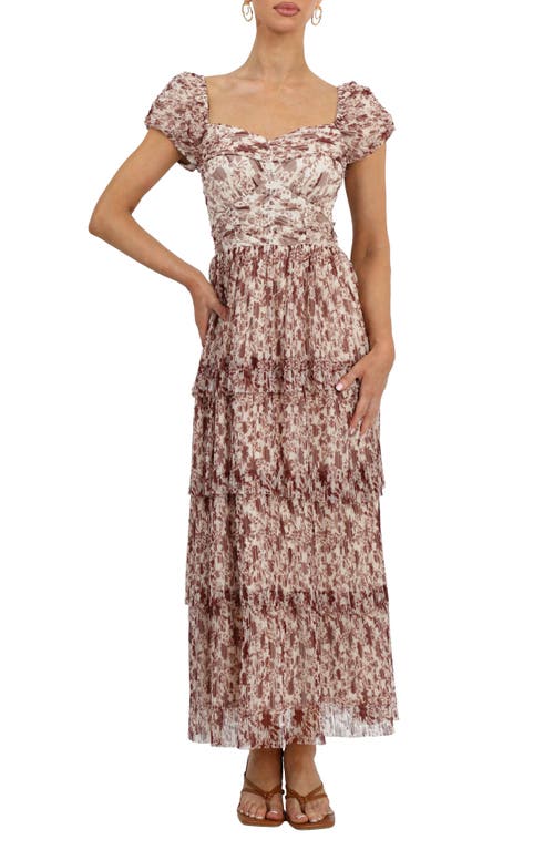 Adelyn Rae Print Tiered Maxi Dress In Chocolate