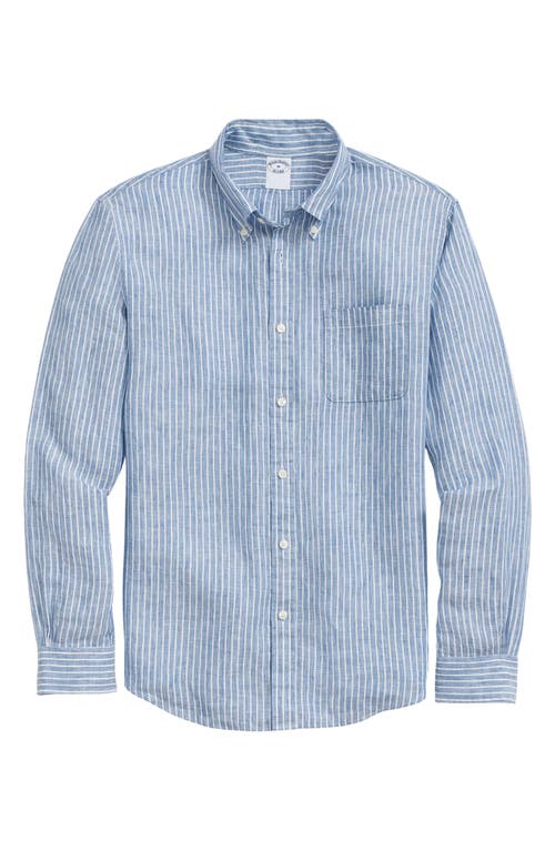 Brooks Brothers Regular Fit Stripe Linen Button-Down Shirt Ground Blue at Nordstrom,