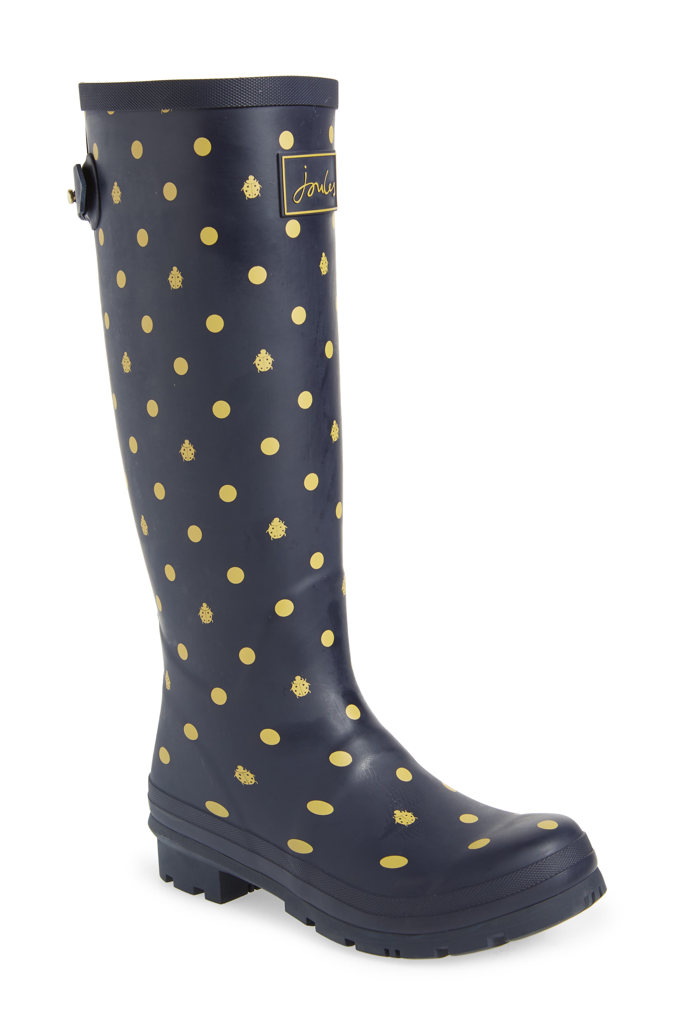 New Womens Joules Black Yellow Field Welly Rubber Boots Knee-High Pull On 