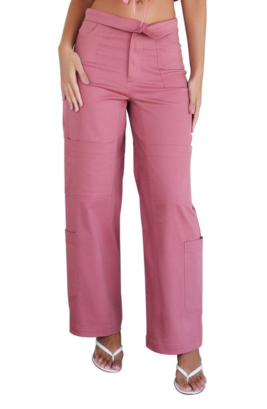 Shop Mistress Rocks Foldover Waist Straight Leg Cargo Pants In Rose Pink