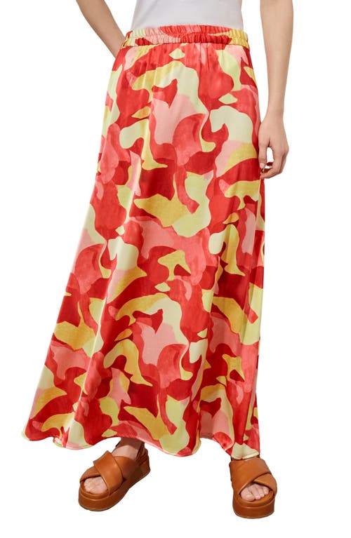 Abstract Print Crêpe de Chine Maxi Skirt in Flamingo Pink/Red