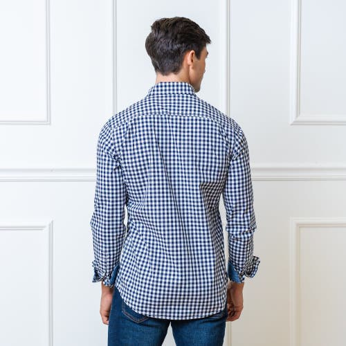 Hope & Henry Organic Stretch Poplin Shirt In Navy Gingham