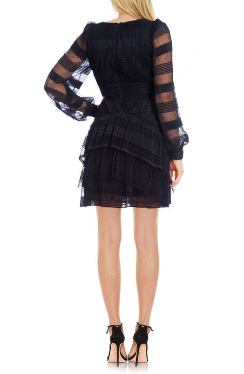 JEWEL BADGLEY MISCHKA JEWEL BADGLEY MISCHKA TEXTURED STRIPE LONG SLEEVE TIERED COCKTAIL DRESS 