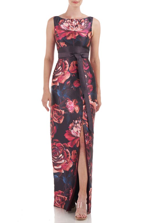 Kay Unger Carina Floral Print Column Gown in Oxblood Multi