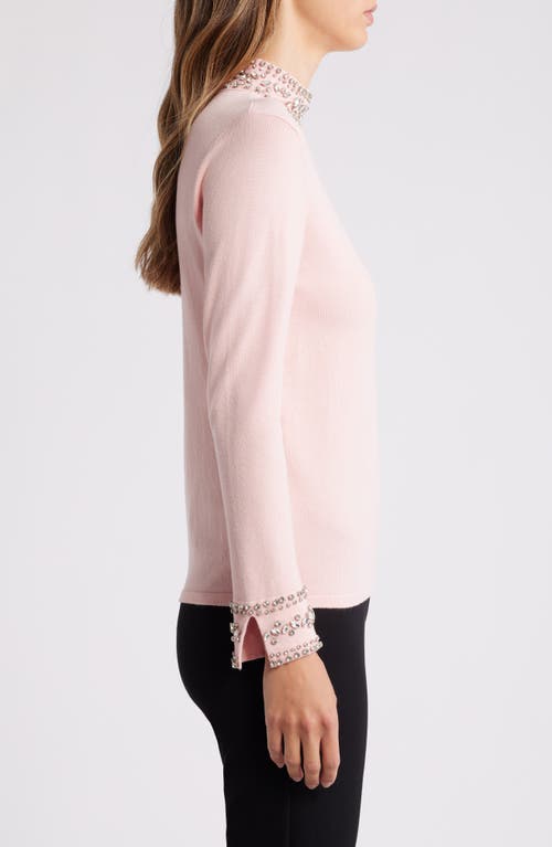 Shop Anne Klein Crystal Embellished Mock Neck Sweater In Pink Blush