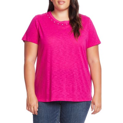 Plus Size Vince Camuto Studded Crewneck Tee, Pink