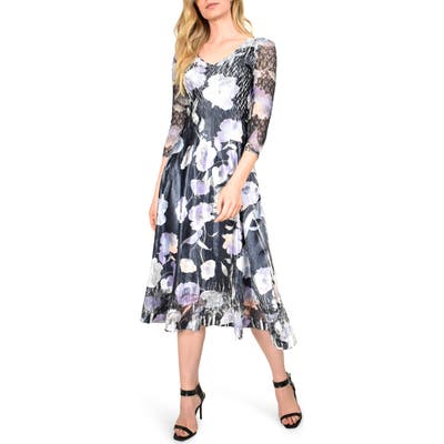 Komarov Floral Charmeuse & Chiffon Dress, Blue