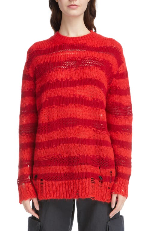 Acne Studios Karita Distressed Stripe Open Stitch Cotton, Mohair & Wool Blend Sweater In Red/deep Red