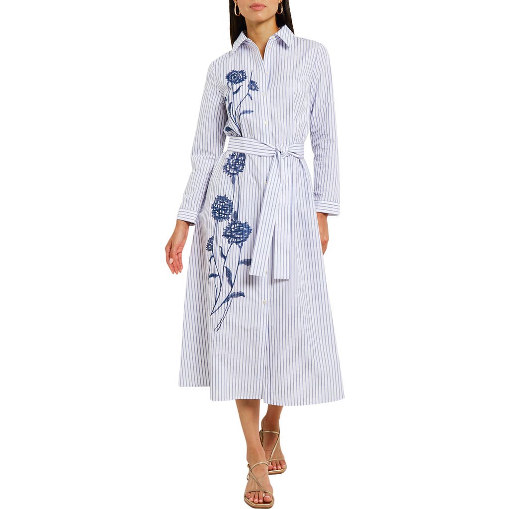 Misook Floral Embroidered Long Sleeve Midi Shirtdress In Mazarine/white