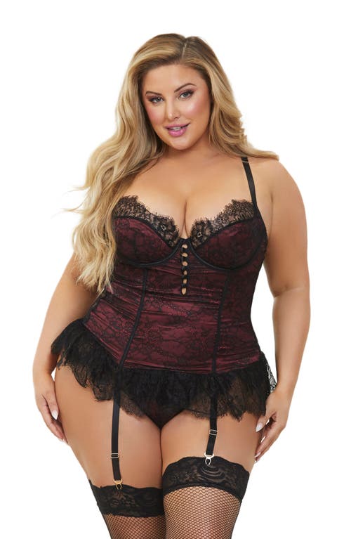 Seven 'til Midnight Seven ‘til Midnight Lace Skirted Basque & Thong Set In Black/wine