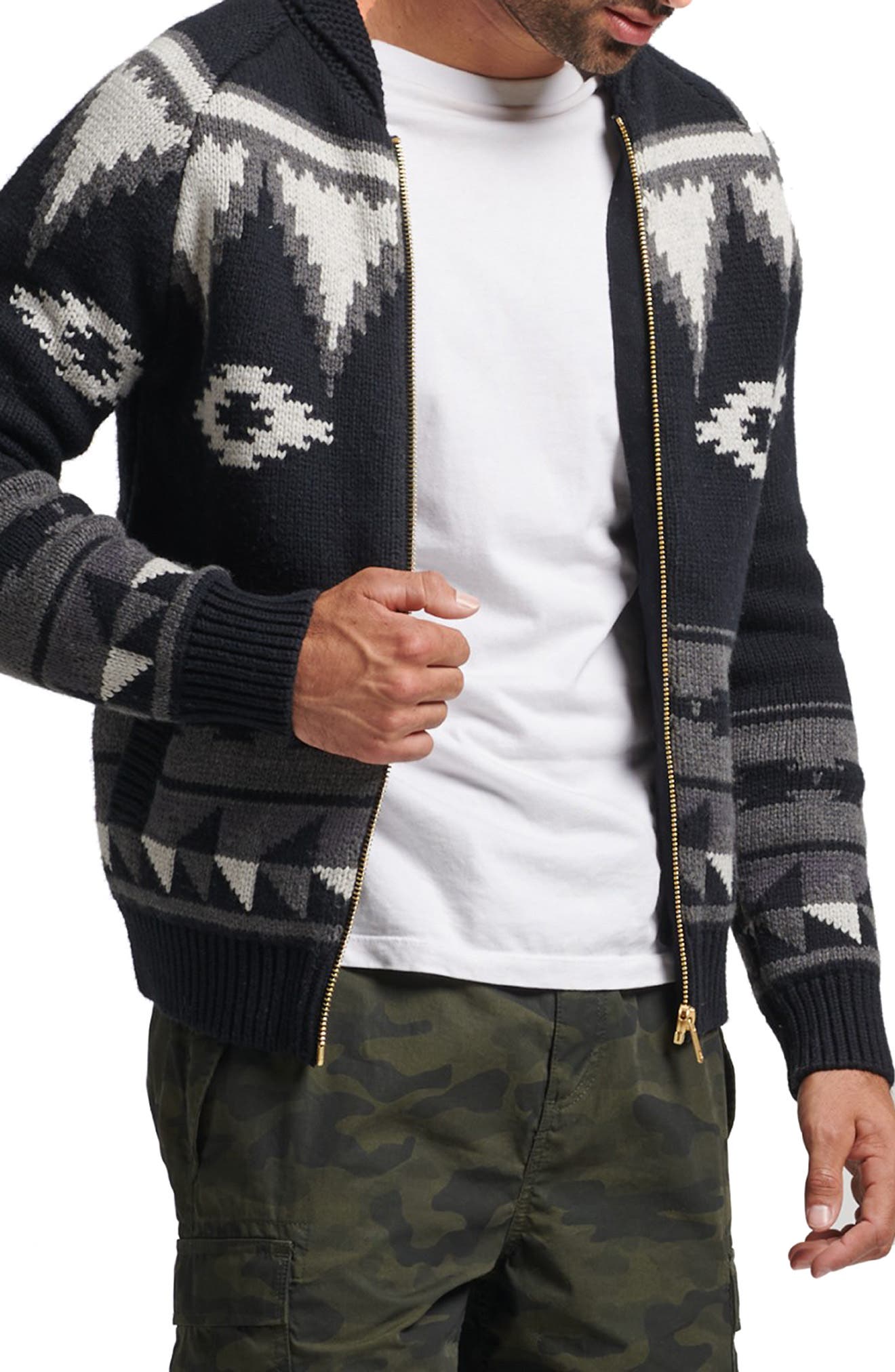 Superdry Mens Patterned Shawl Zip Through Cardigan Black Multi