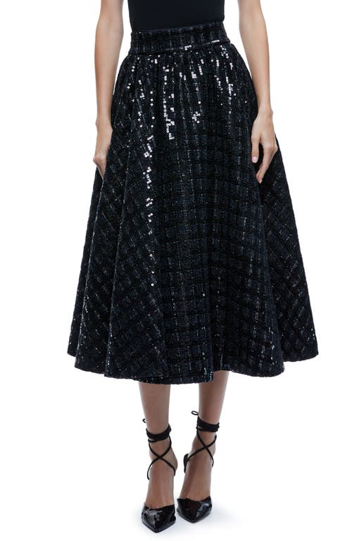 Alice + Olivia Nilda Voluminous Sequin Tweed A-Line Midi Skirt in Black