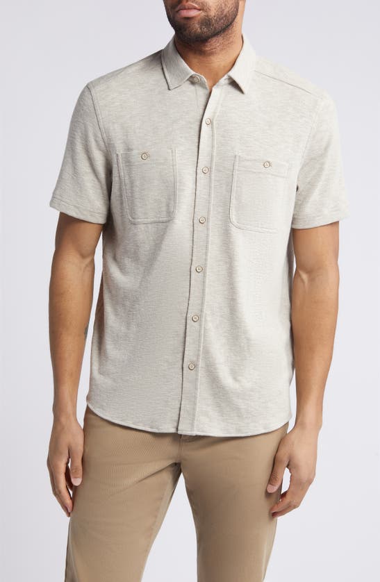 Shop Johnston & Murphy Short Sleeve Knit Button-up Shirt In Sand