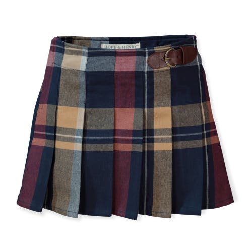 Hope & Henry Girls' Organic Pleated Buckle Skirt, Kids In Navy Multi Plaid