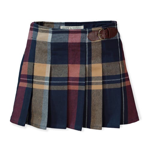 Shop Hope & Henry Girls' Organic Pleated Buckle Skirt, Toddler In Navy Multi Plaid