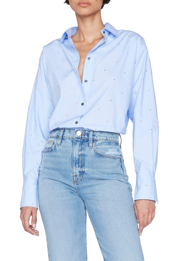 Frame Rhinestone Oversize Organic Cotton Button-up Shirt In Chambray