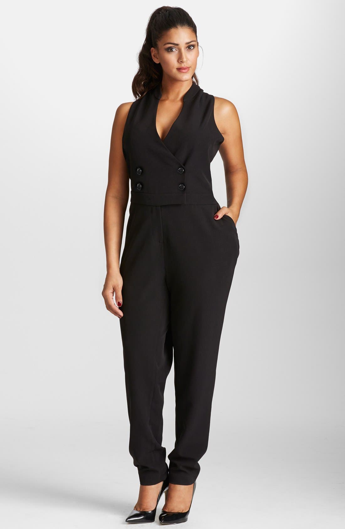 sleeveless tuxedo jumpsuit