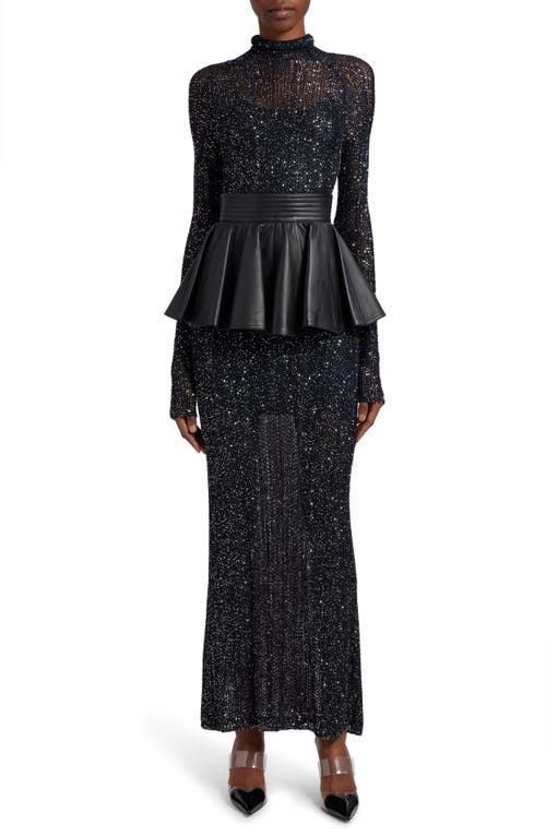 Shop Alaïa Semisheer Sequin Open Stitch Long Sleeve Maxi Dress In Marine/argent