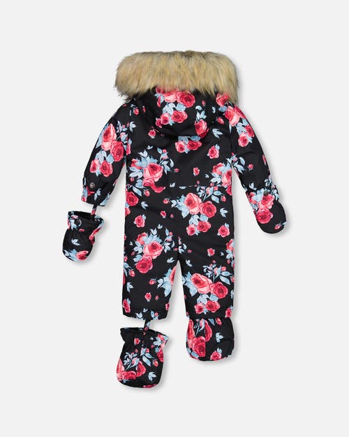 Shop Deux Par Deux Baby Girl's One Piece Baby Snowsuit Black Printed Roses Designed For Car Seat