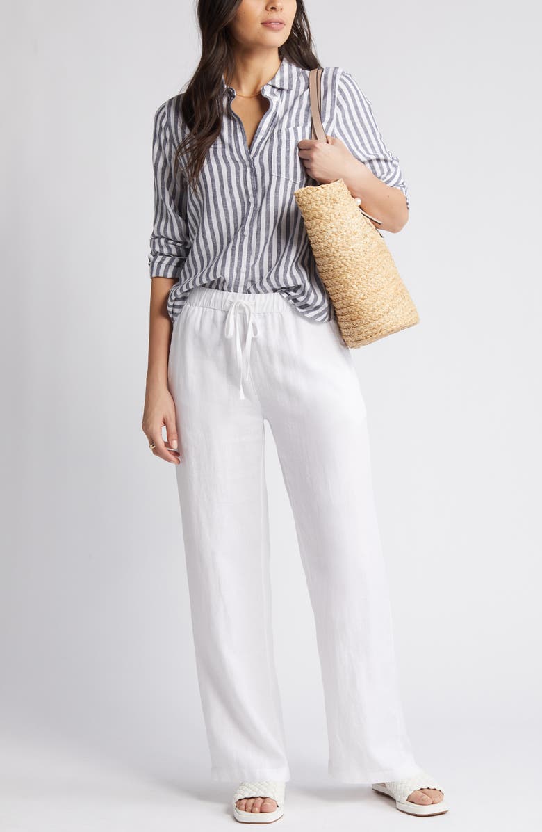 Caslon<sup>®</sup> Drawstring Straight Leg Linen Pants, Main, color, White