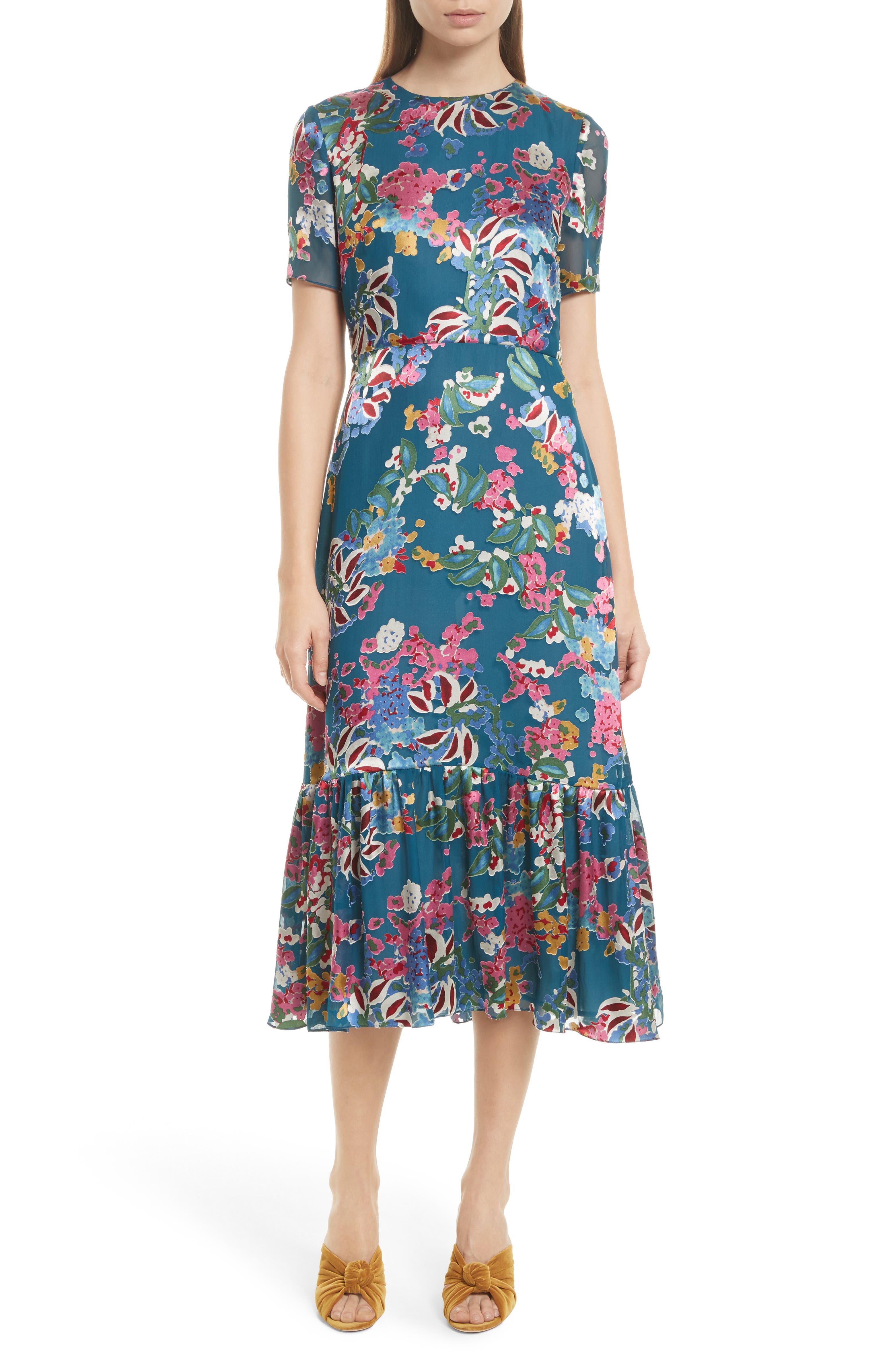 SALONI Lorna Print Ruffle Hem Midi Dress | Nordstrom