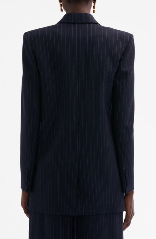 Shop Oscar De La Renta Pinstripe Double Breasted Stretch Wool Blazer In Navy/white